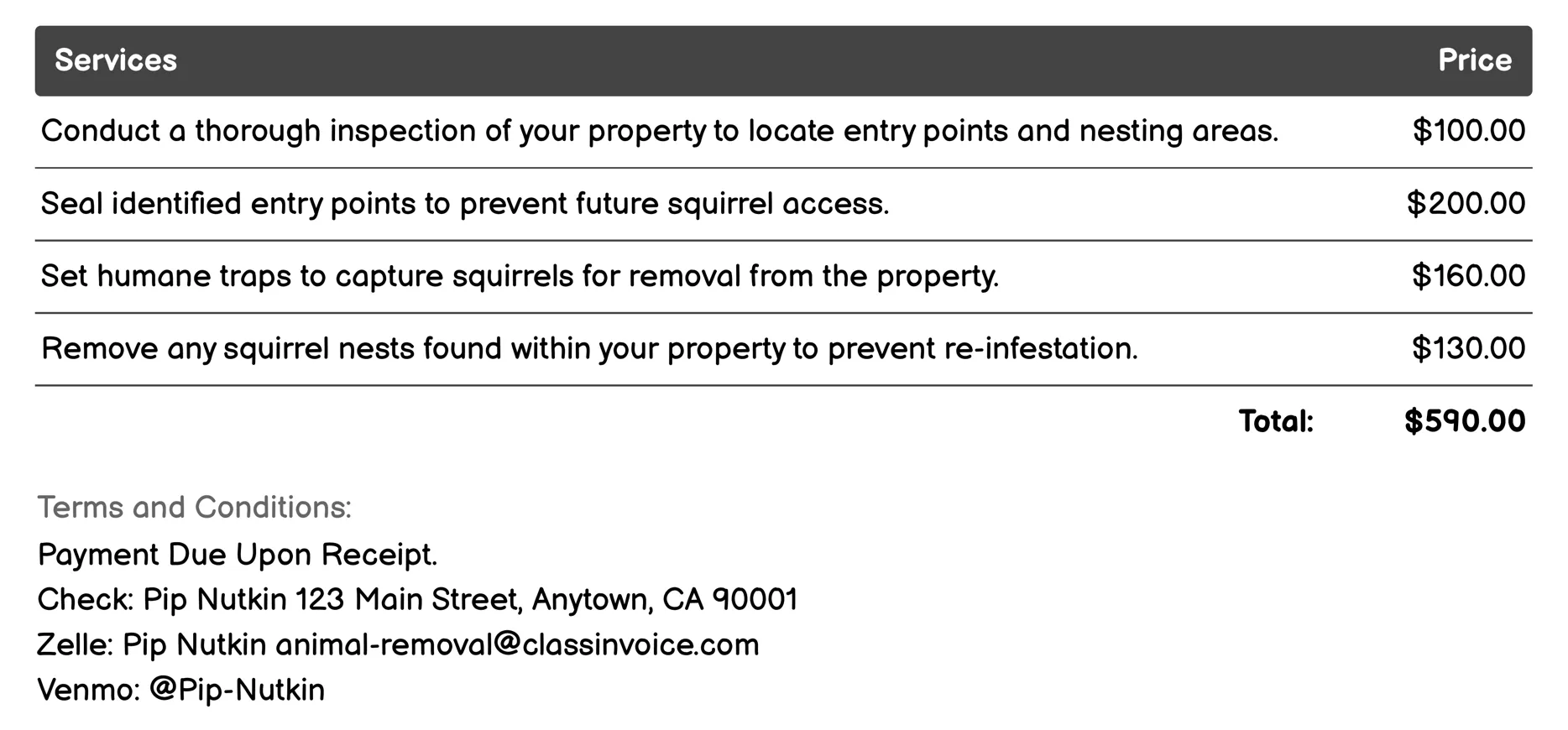 Squirrel Removal Invoice Example