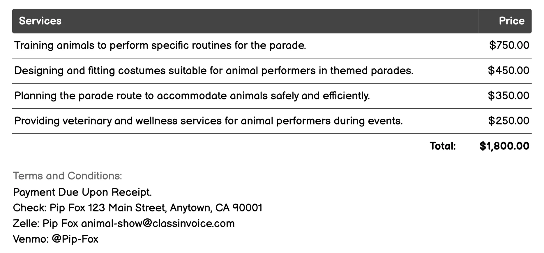Themed Parades Invoice Example