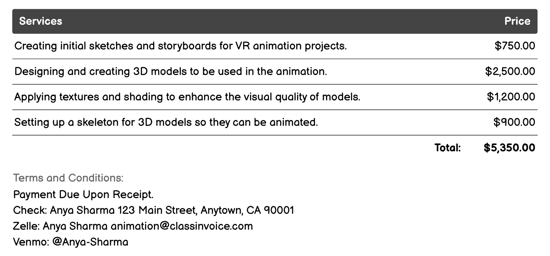 Virtual Reality (VR) Animation Invoice Example