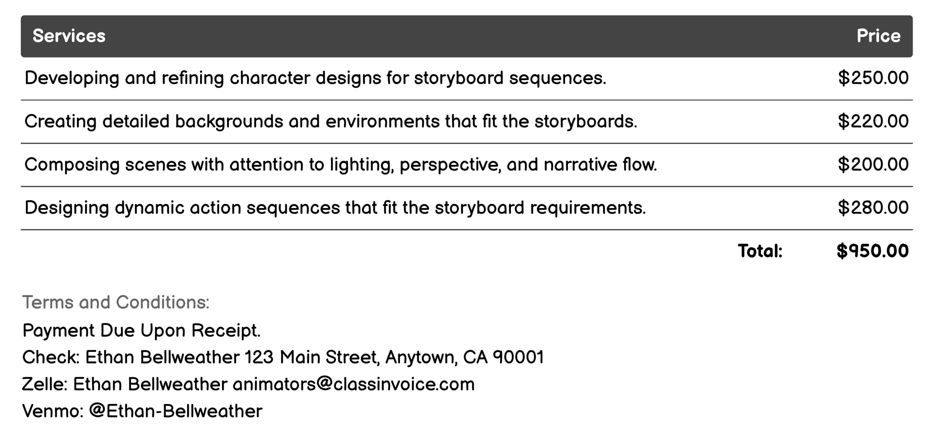 Storyboard Artist Invoice Example
