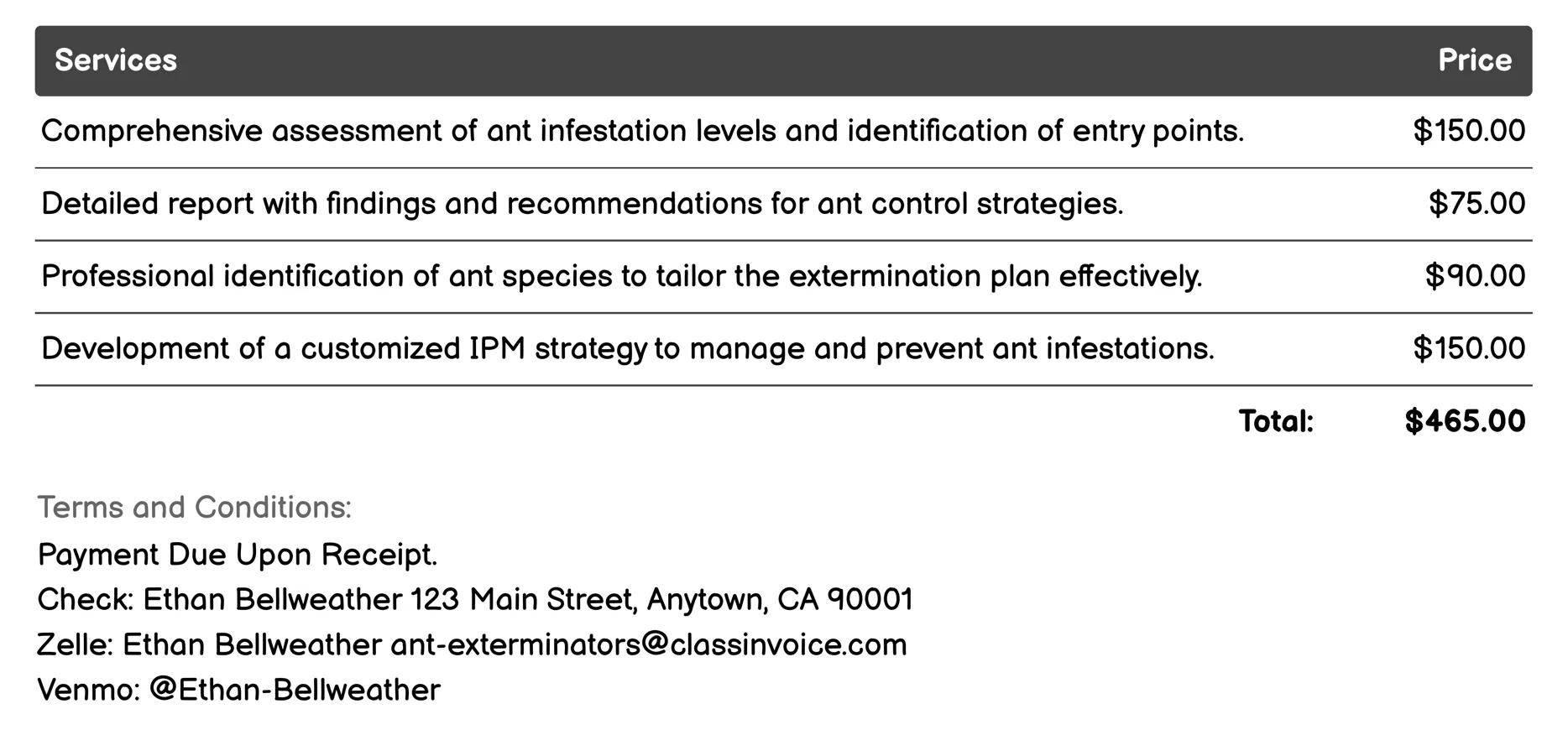 Ant Control Consultation Invoice Example