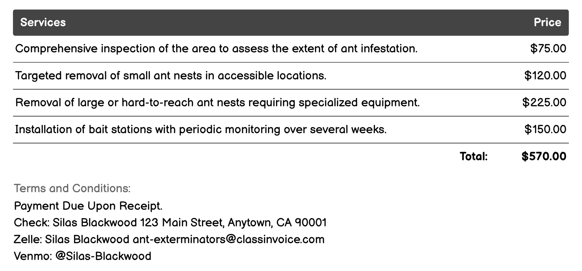 Ant Nest Removal Invoice Example