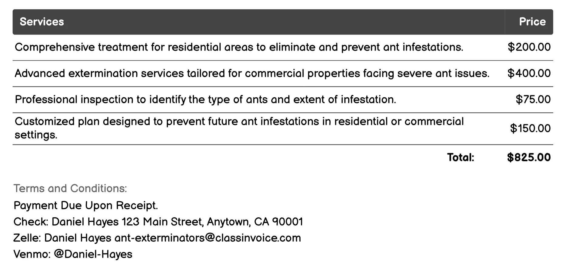 Pest Prevention Services Invoice Example