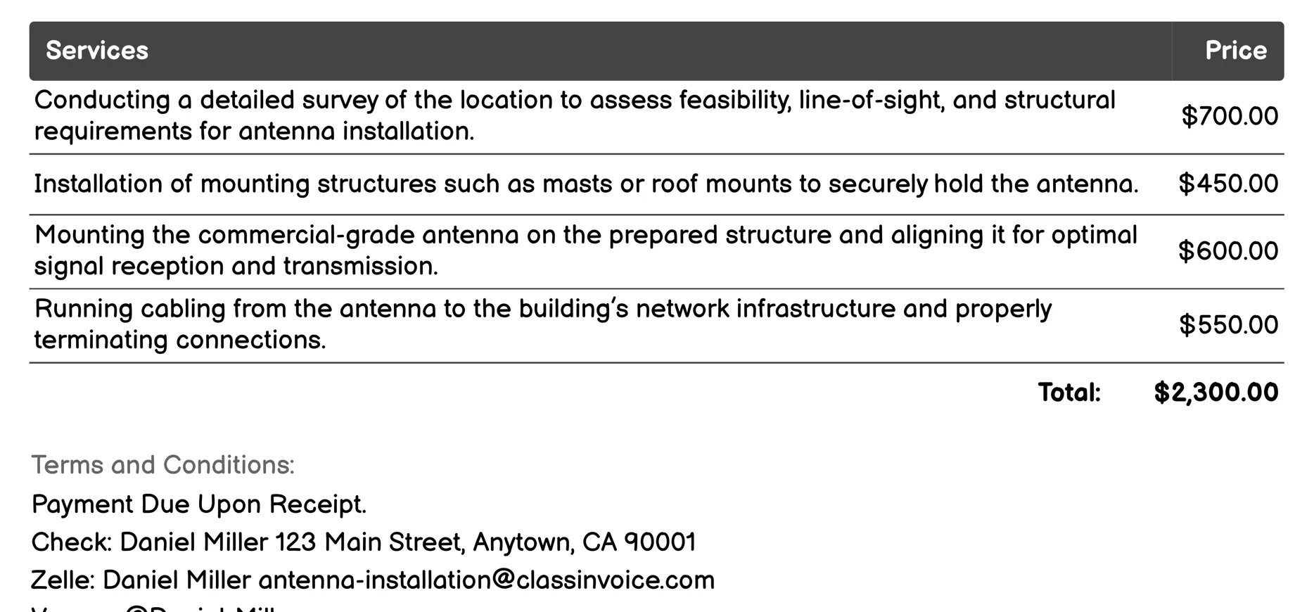 Commercial Antenna Installation Invoice Example