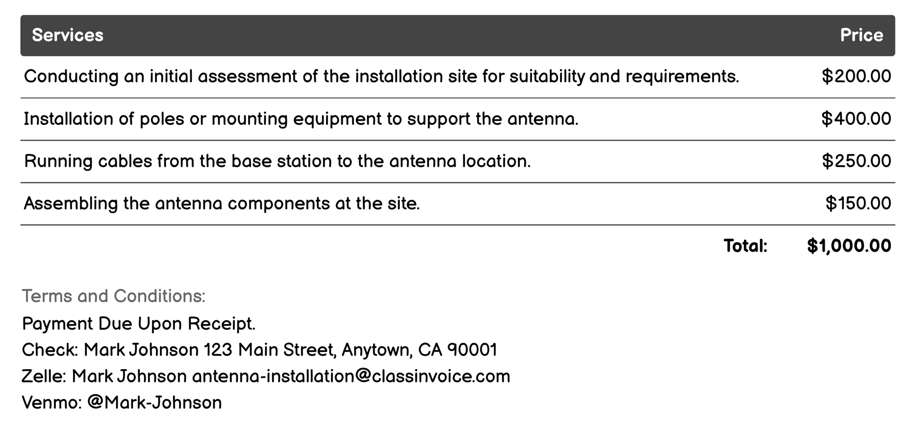 Mobile Antenna Installation Invoice Example