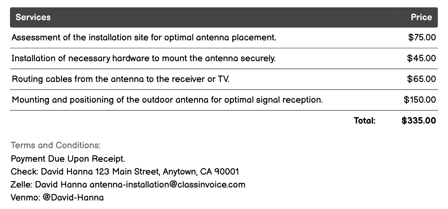 Outdoor Antenna Installation Invoice Example