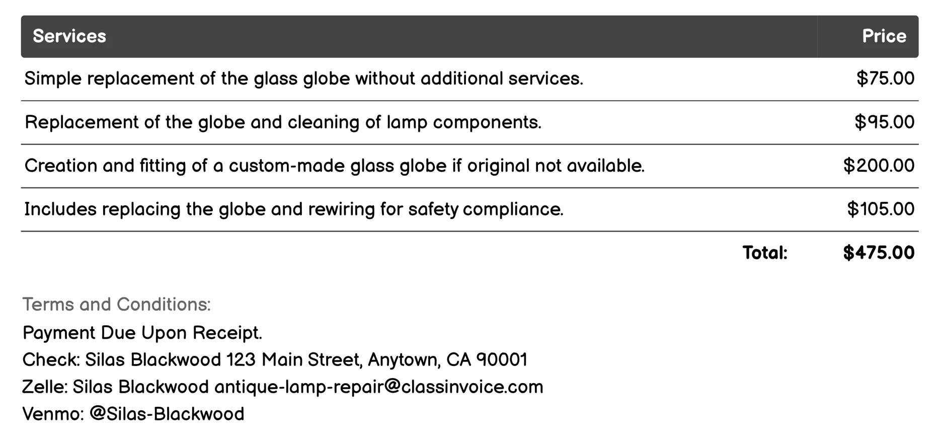 Glass Globe Replacement Invoice Example