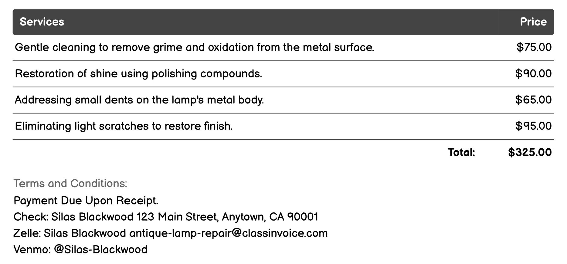 Metal Finish Repair Invoice Example