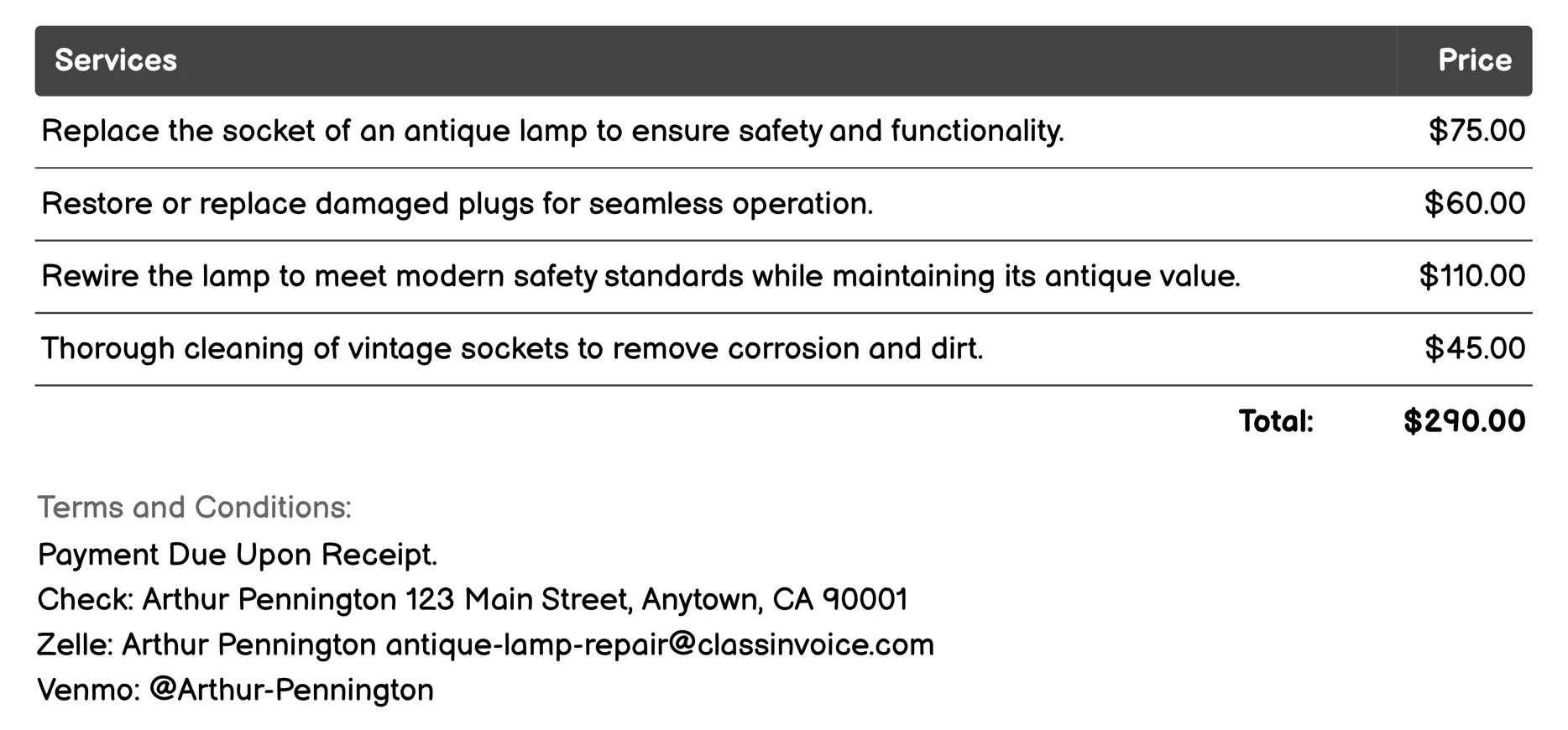 Socket and Plug Restoration Invoice Example