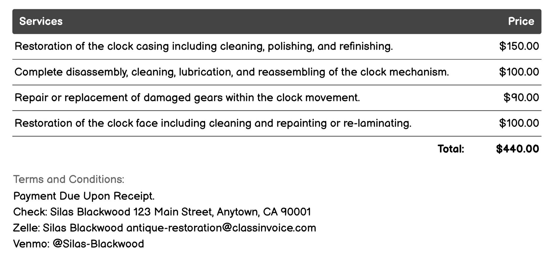 Clock Restoration Invoice Example