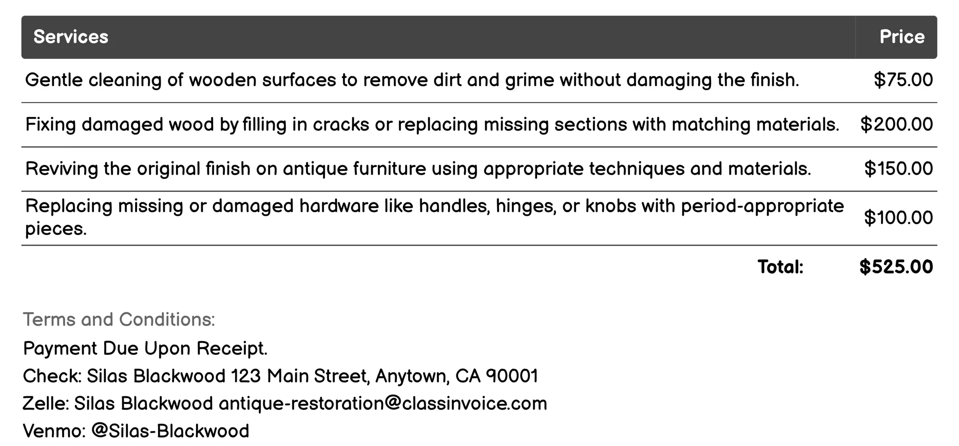 Furniture Restoration Invoice Example