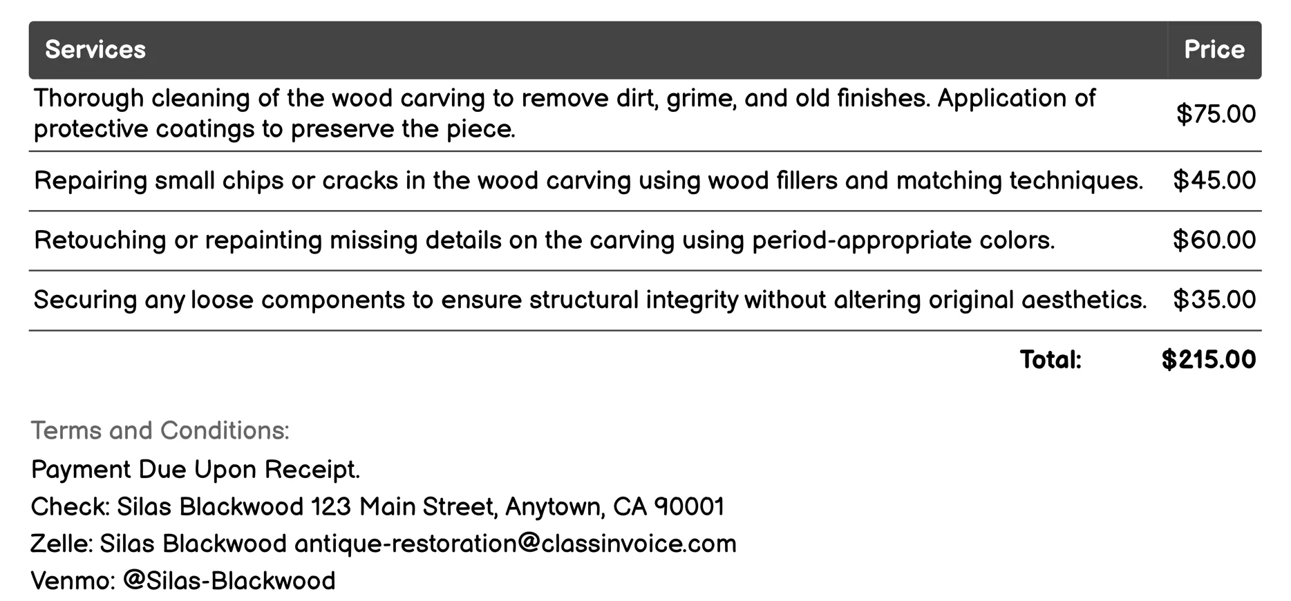 Wood Carving Repair Invoice Example