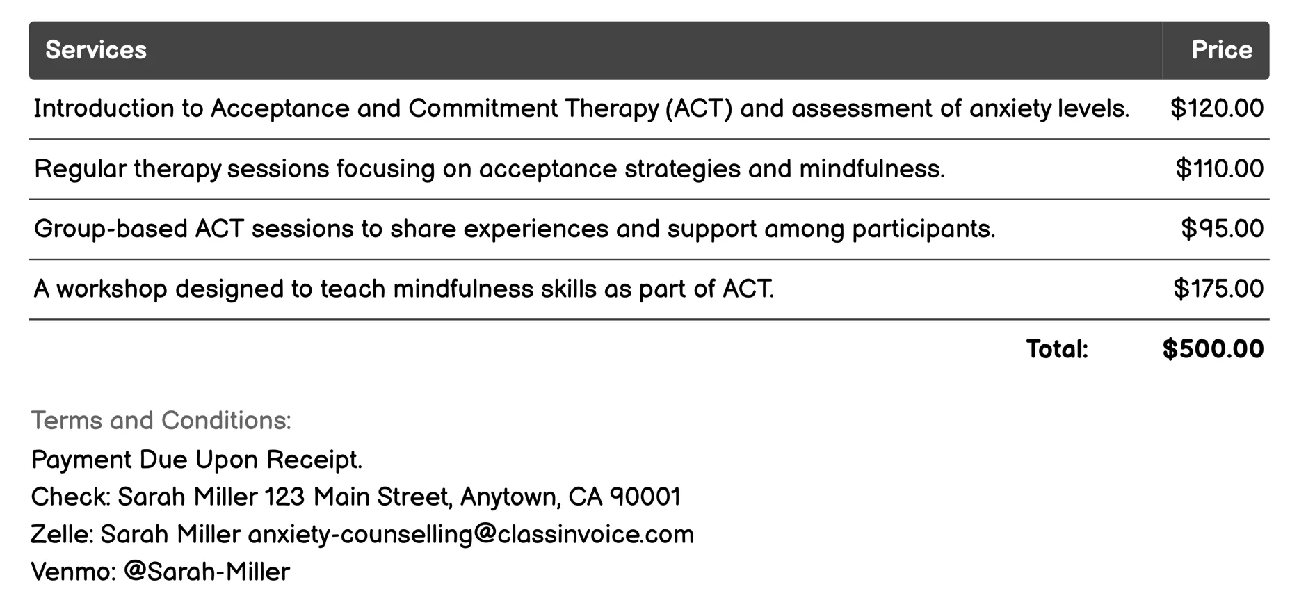 Acceptance and Commitment Therapy (ACT) Invoice Example