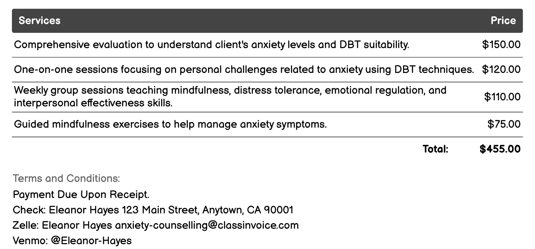Dialectical Behavior Therapy (DBT) Invoice Example
