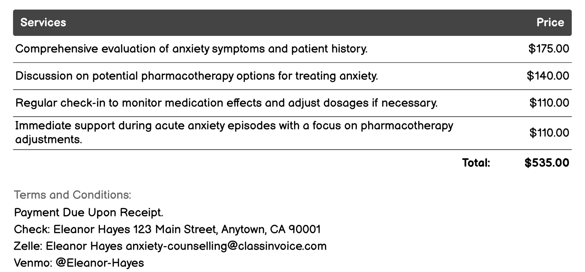 Pharmacotherapy Invoice Example