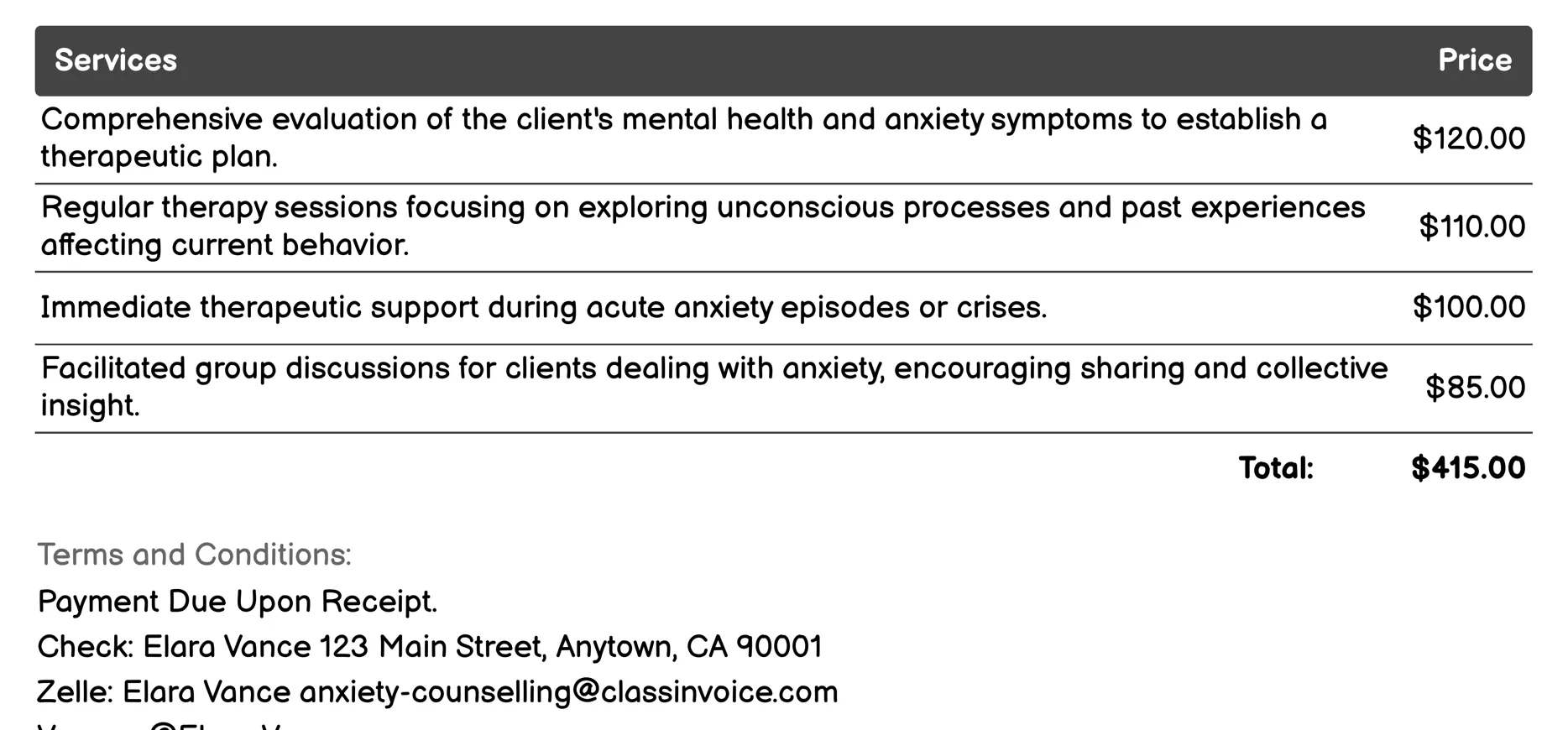 Psychodynamic Therapy Invoice Example