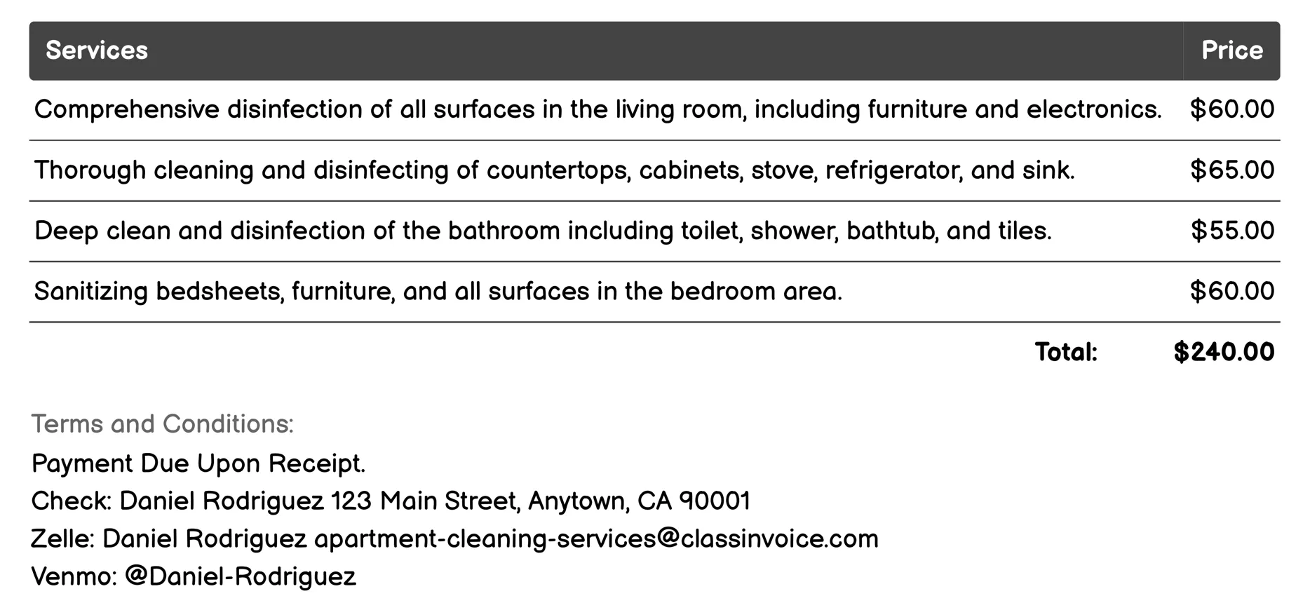 Disinfecting Services Invoice Example
