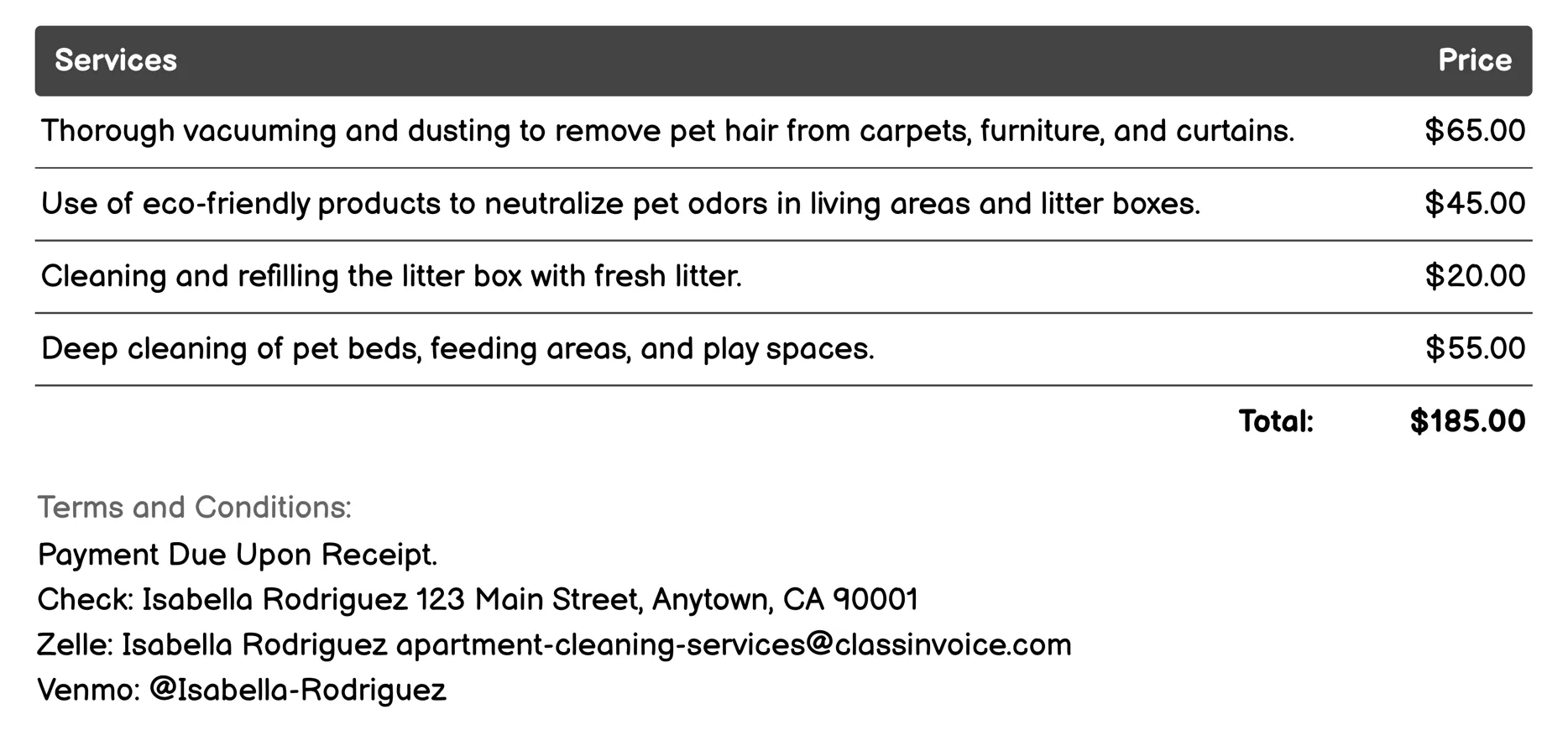 Pet Care Services Invoice Example