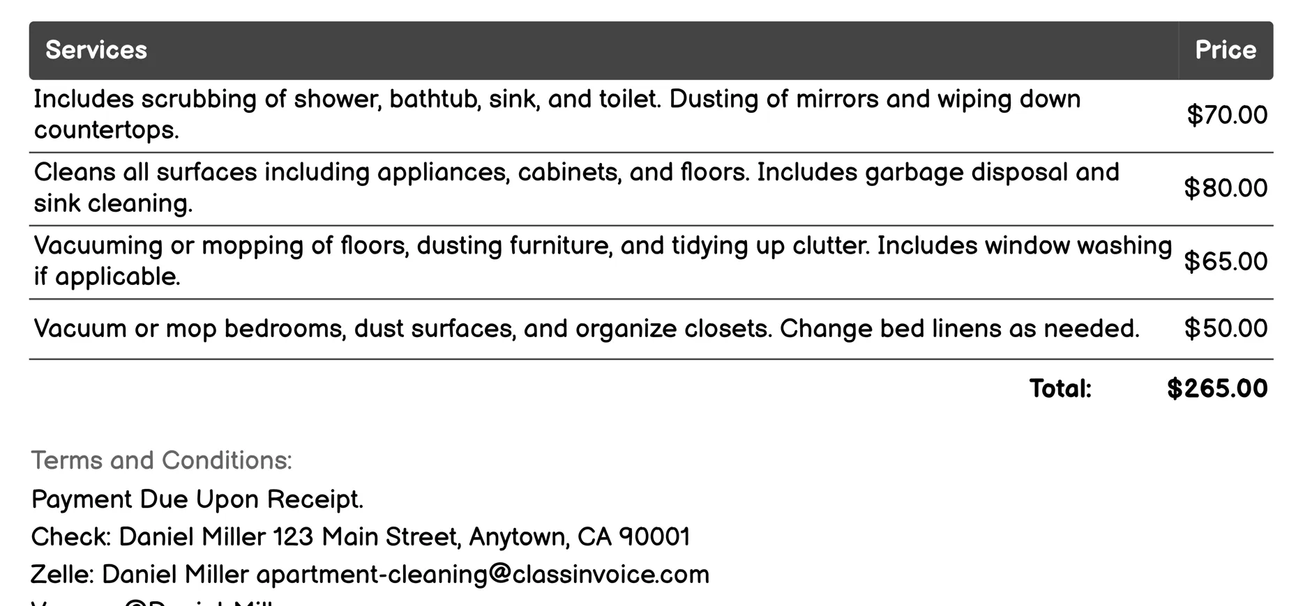 End-of-Lease Cleaning Invoice Example