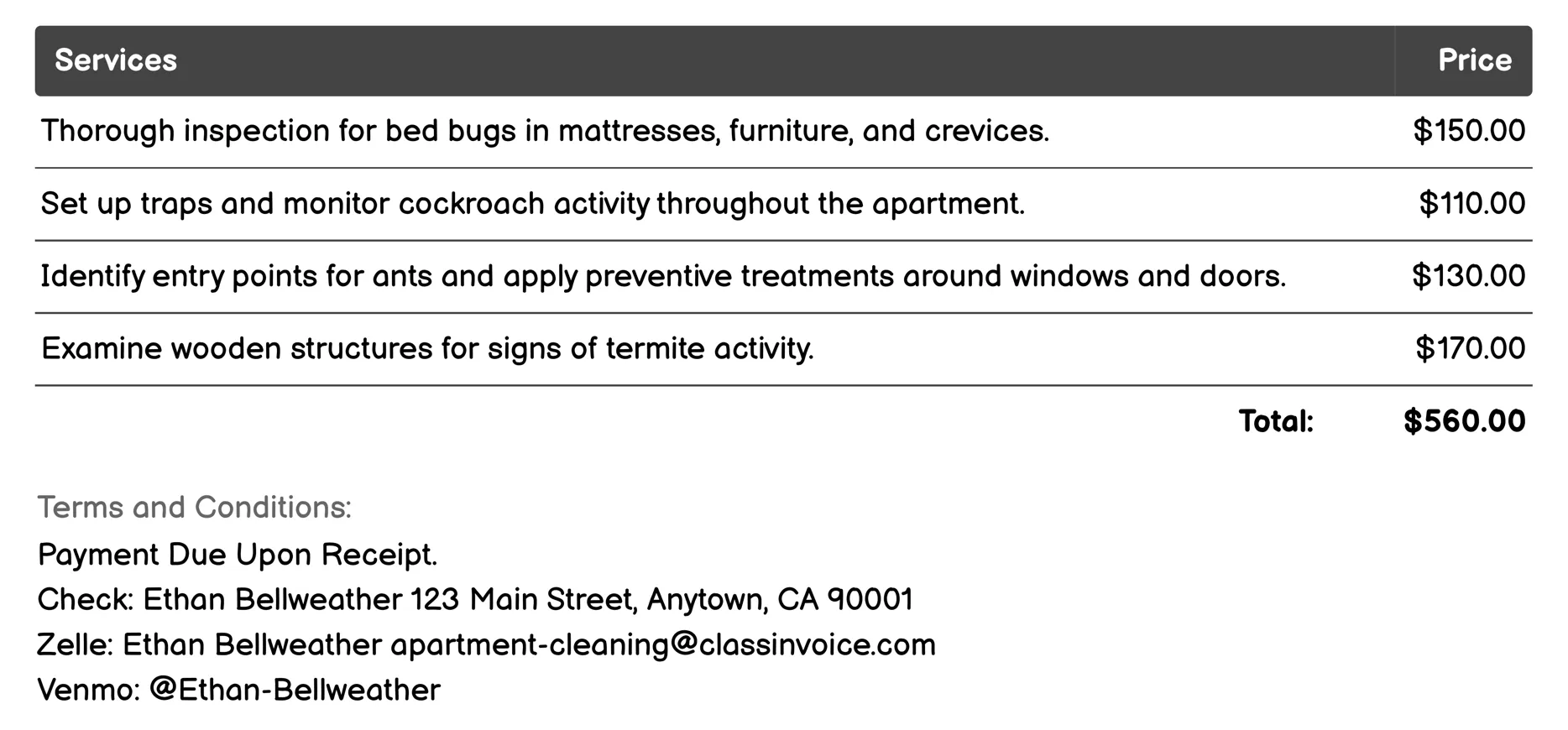 Pest Control Preparation Invoice Example