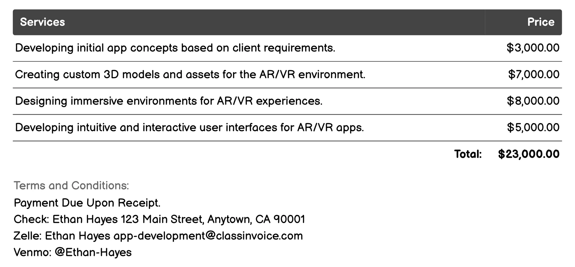 AR/VR App Development Invoice Example