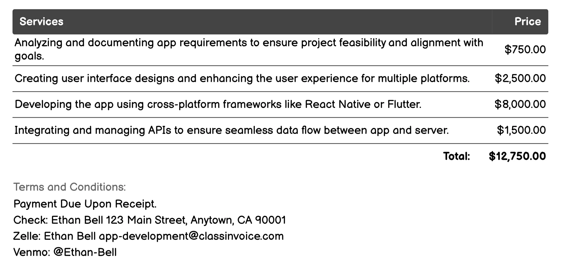 Cross-Platform App Development Invoice Example