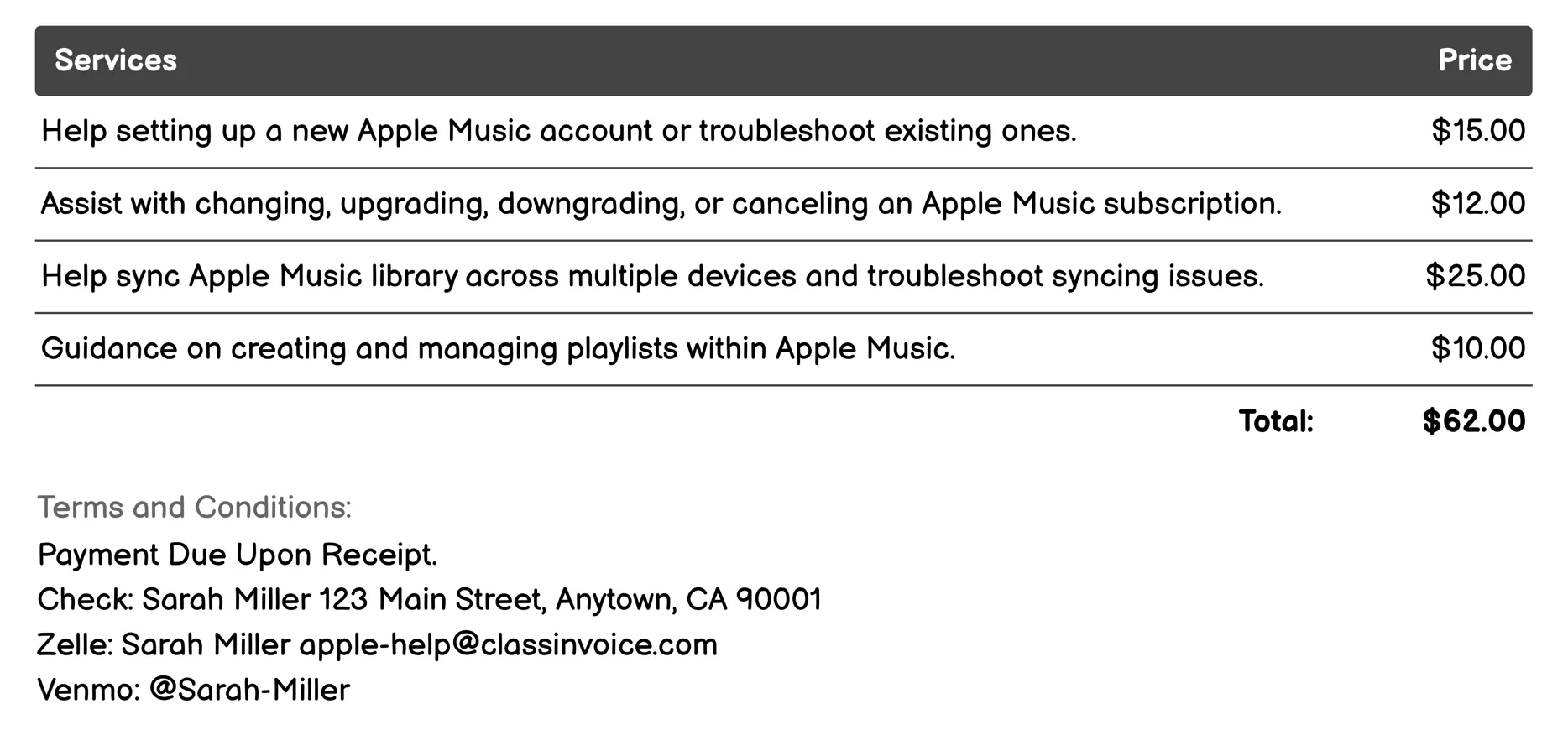 Apple Music Support Invoice Example