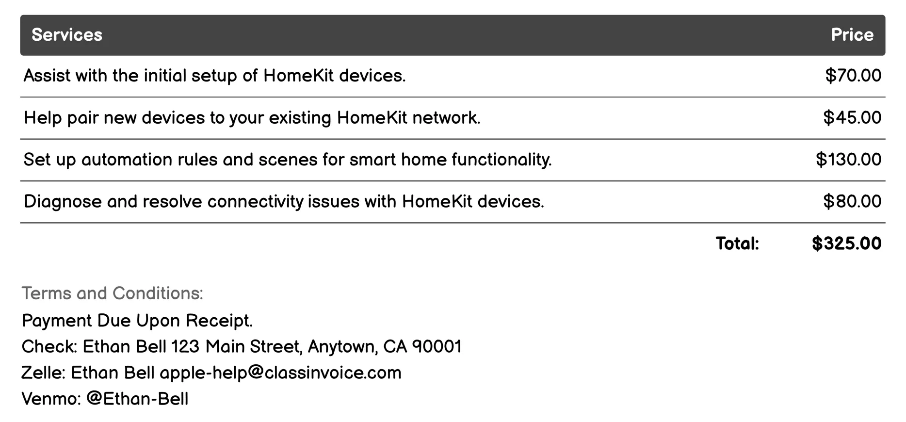 HomeKit Support Invoice Example