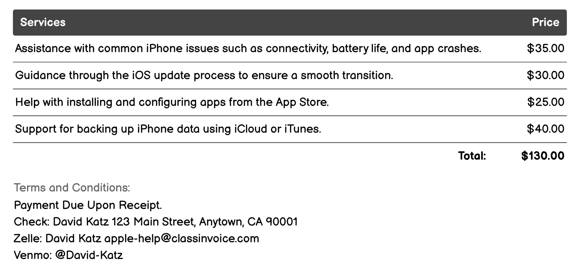 iPhone Support Invoice Example