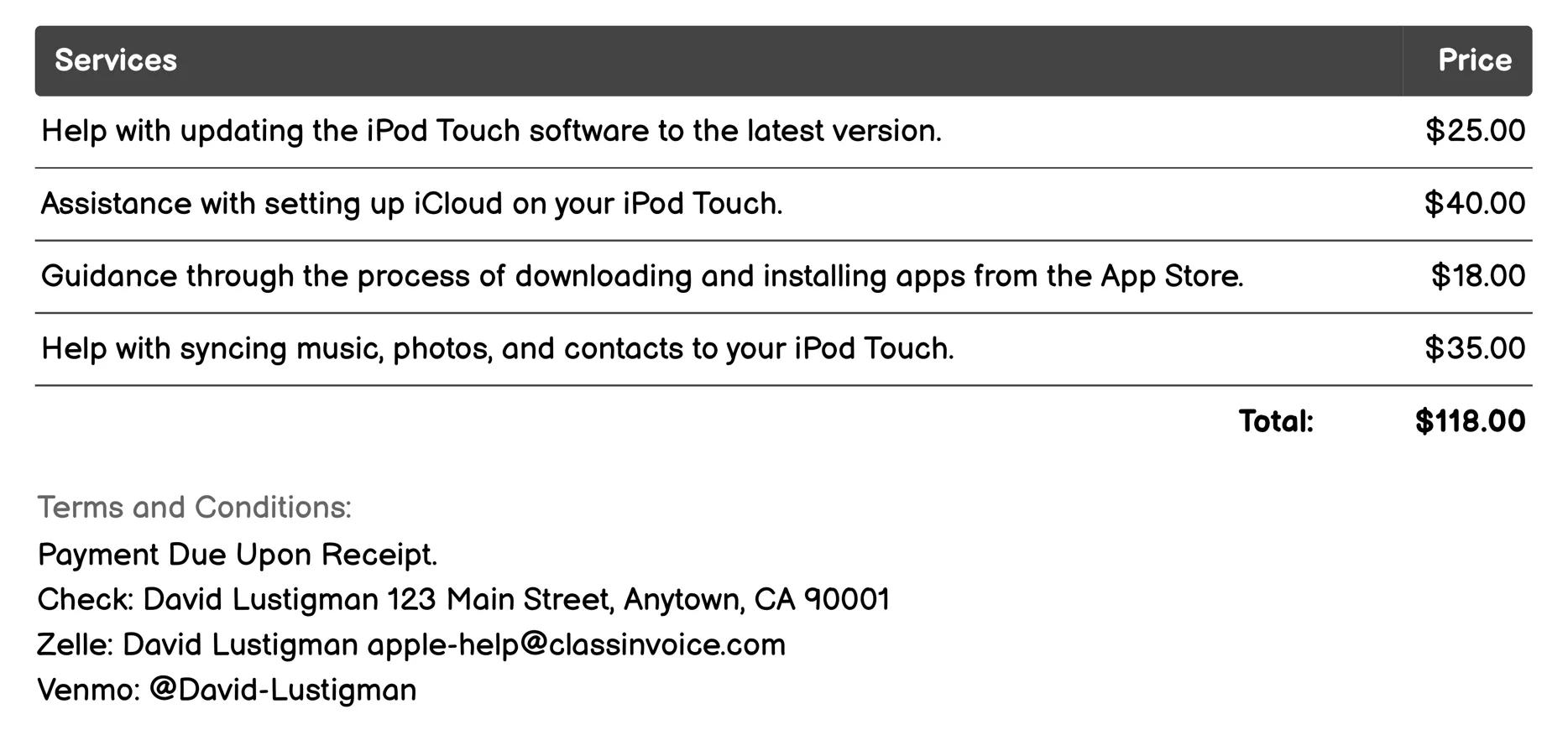 iPod Touch Support Invoice Example