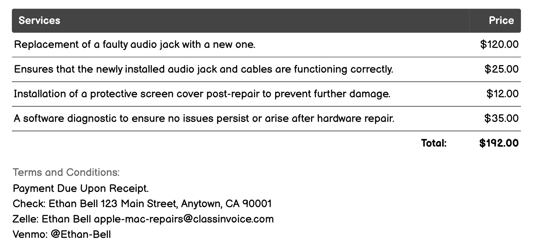 Audio Jack Replacement Invoice Example