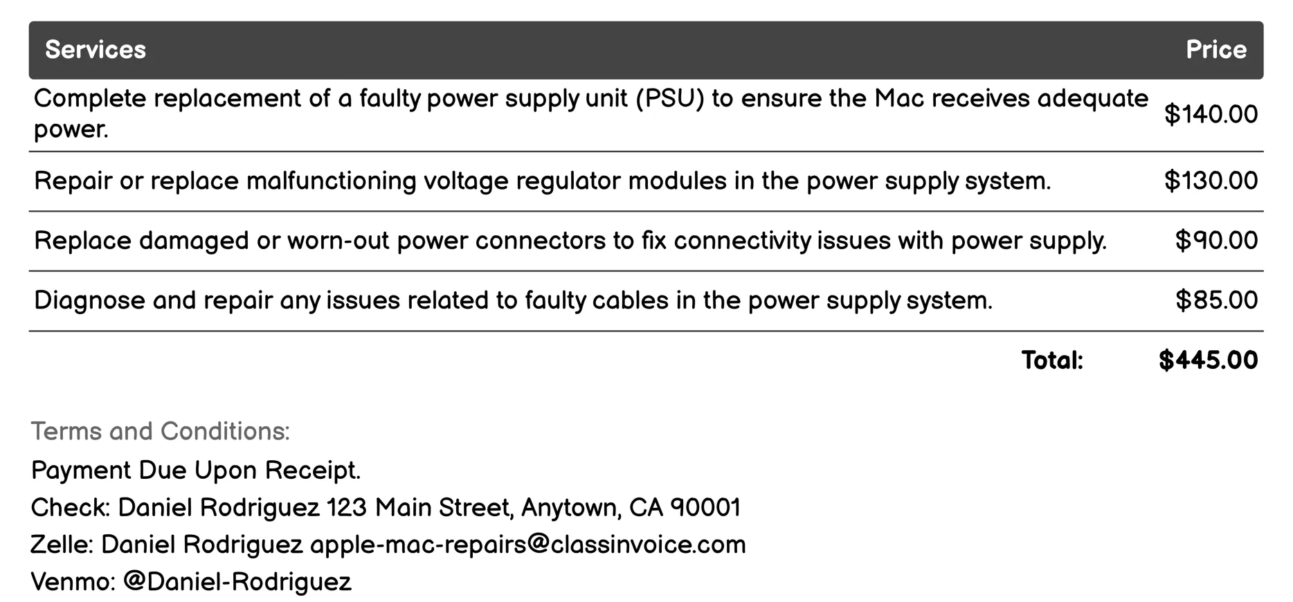 Power Supply Repair Invoice Example