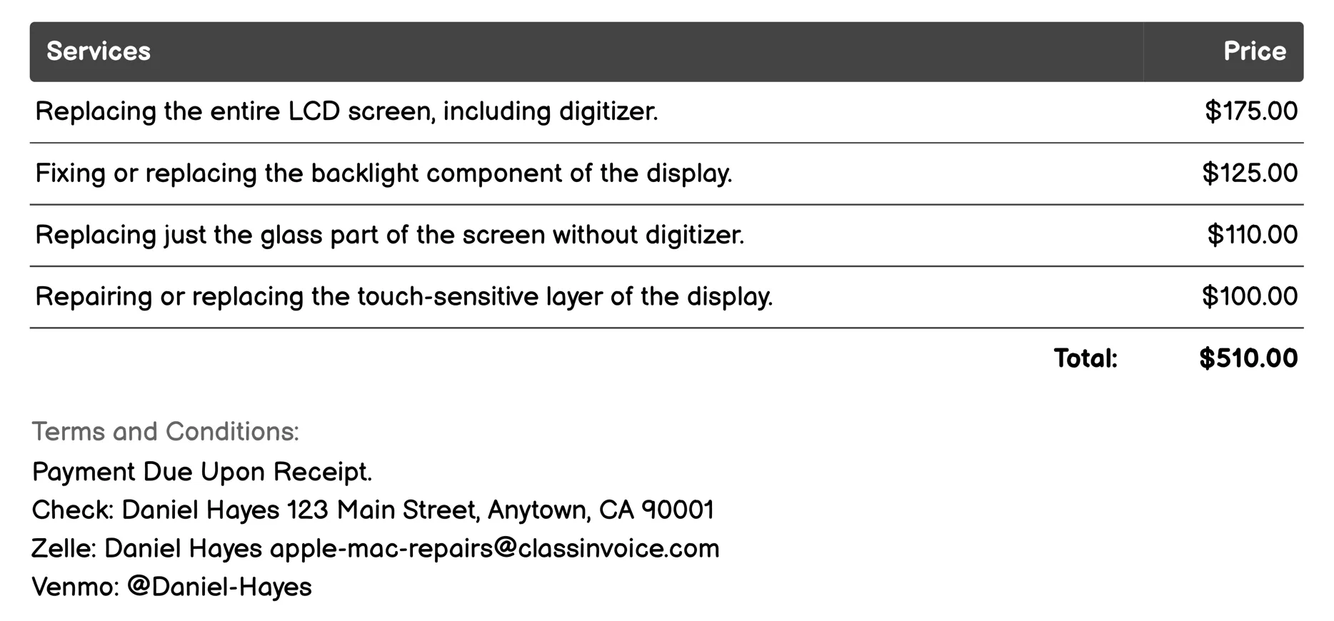 Screen Repair Invoice Example