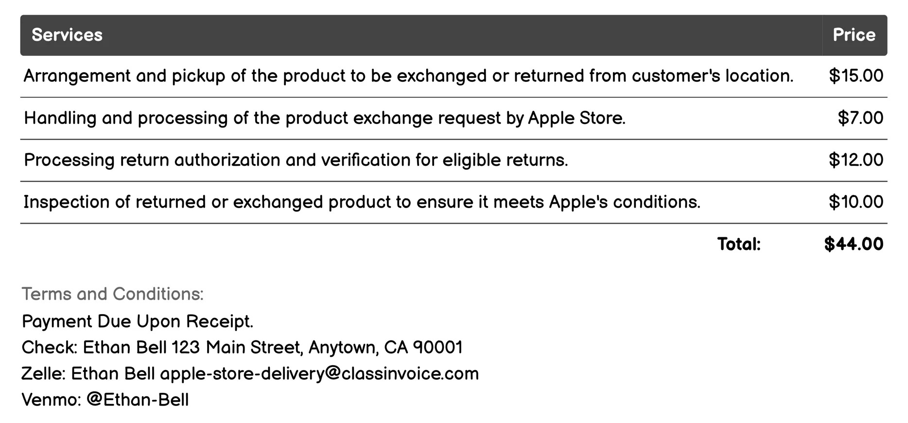 Product Exchange & Return Invoice Example