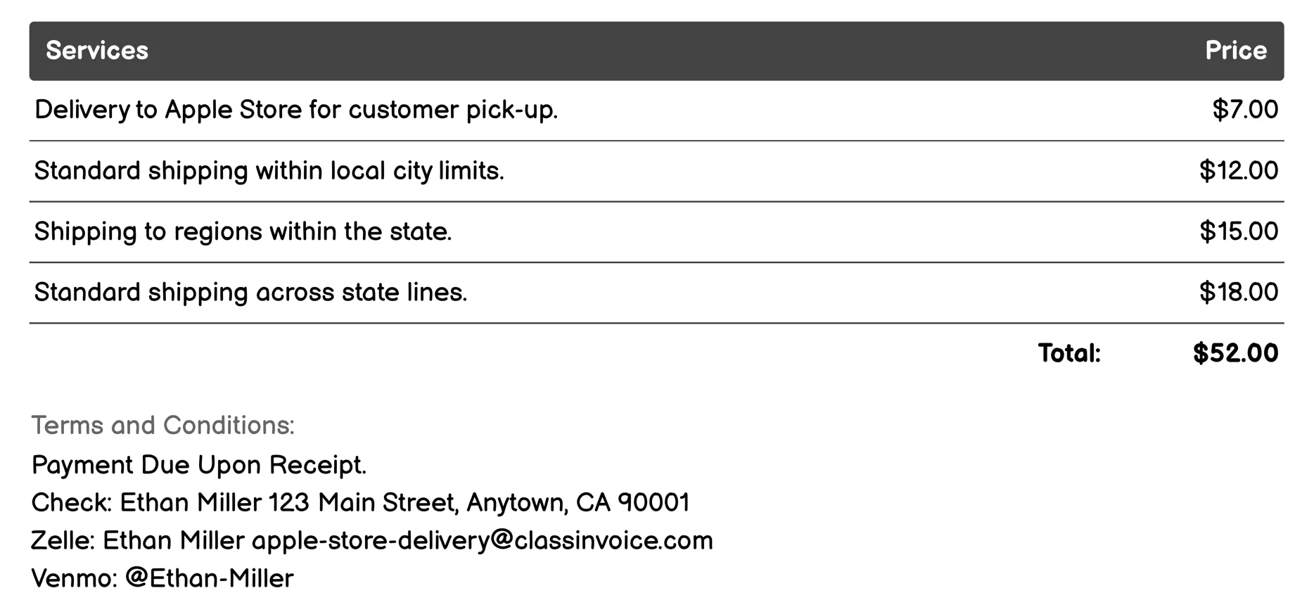Standard Shipping Invoice Example