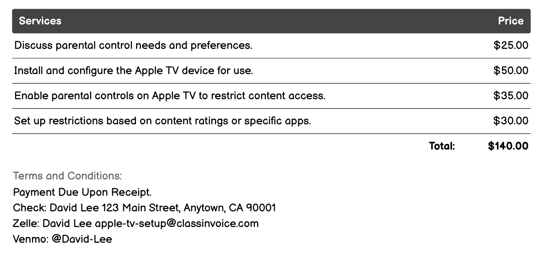 Parental Controls Setup Invoice Example