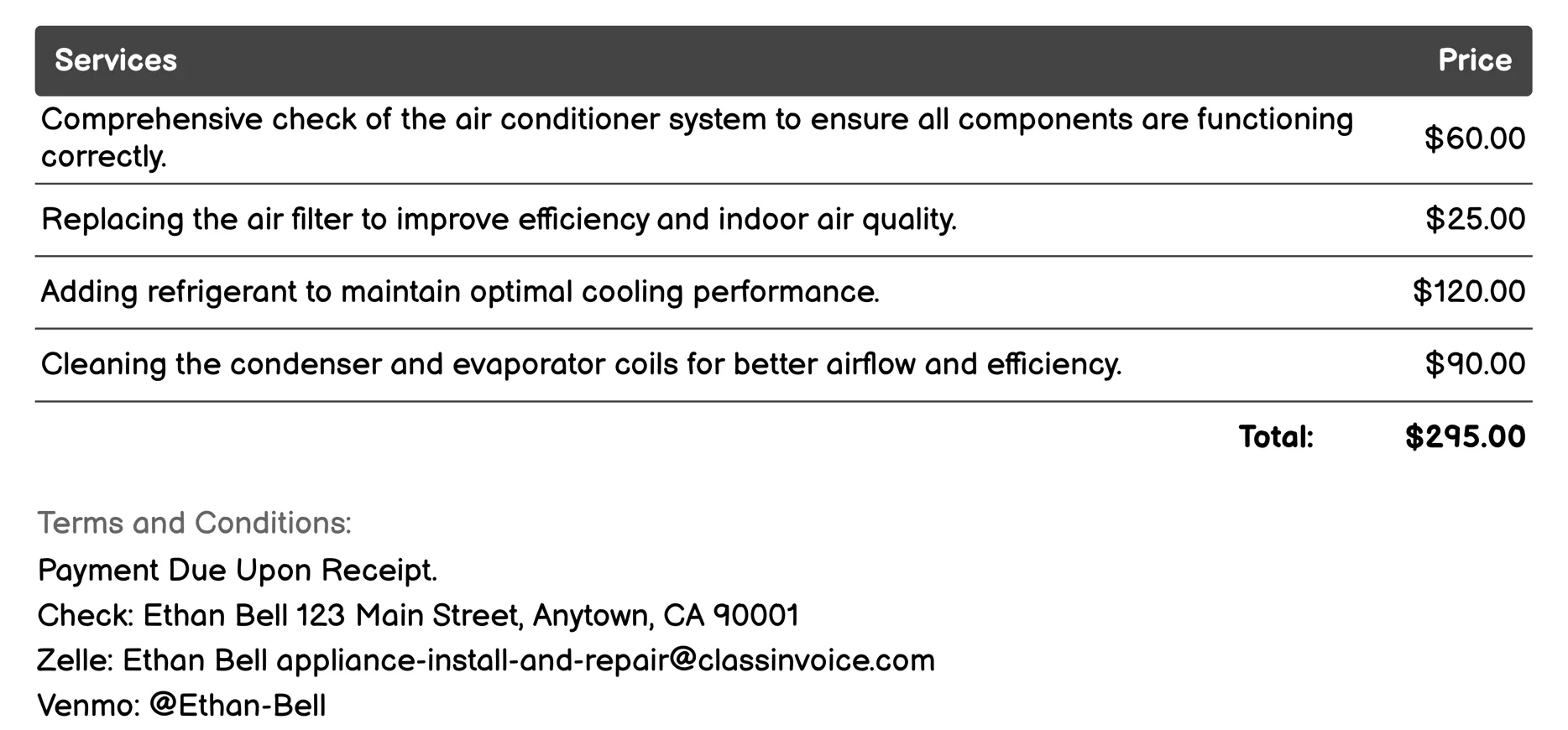 Air Conditioner Maintenance Invoice Example