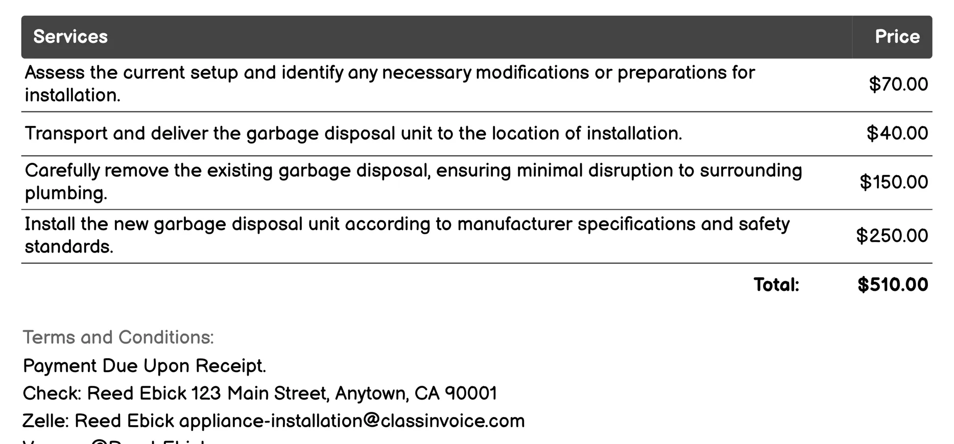 Garbage Disposal Installation Invoice Example
