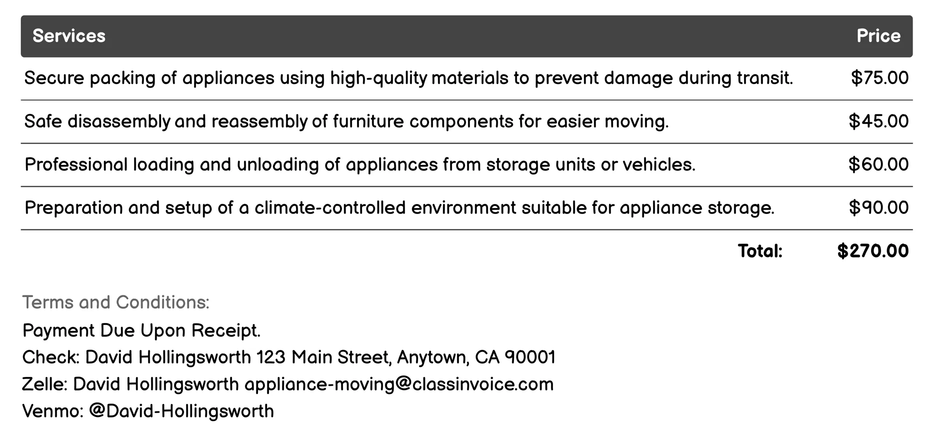 Storage Solutions Invoice Example