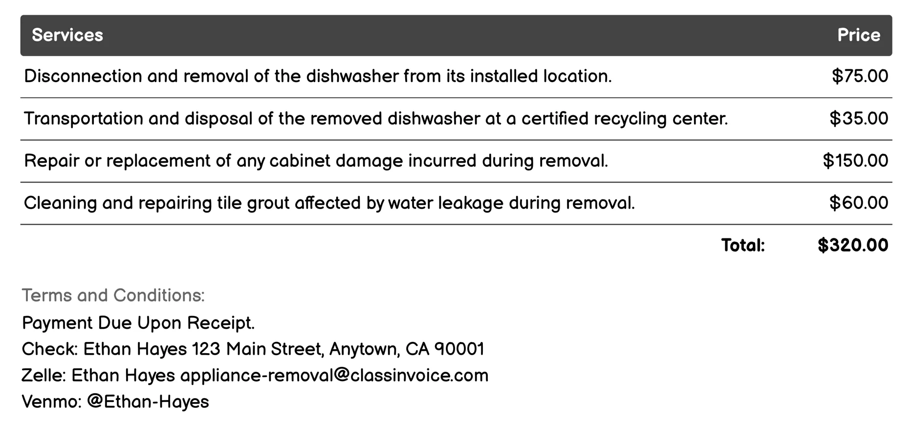 Dishwasher Disposal Invoice Example