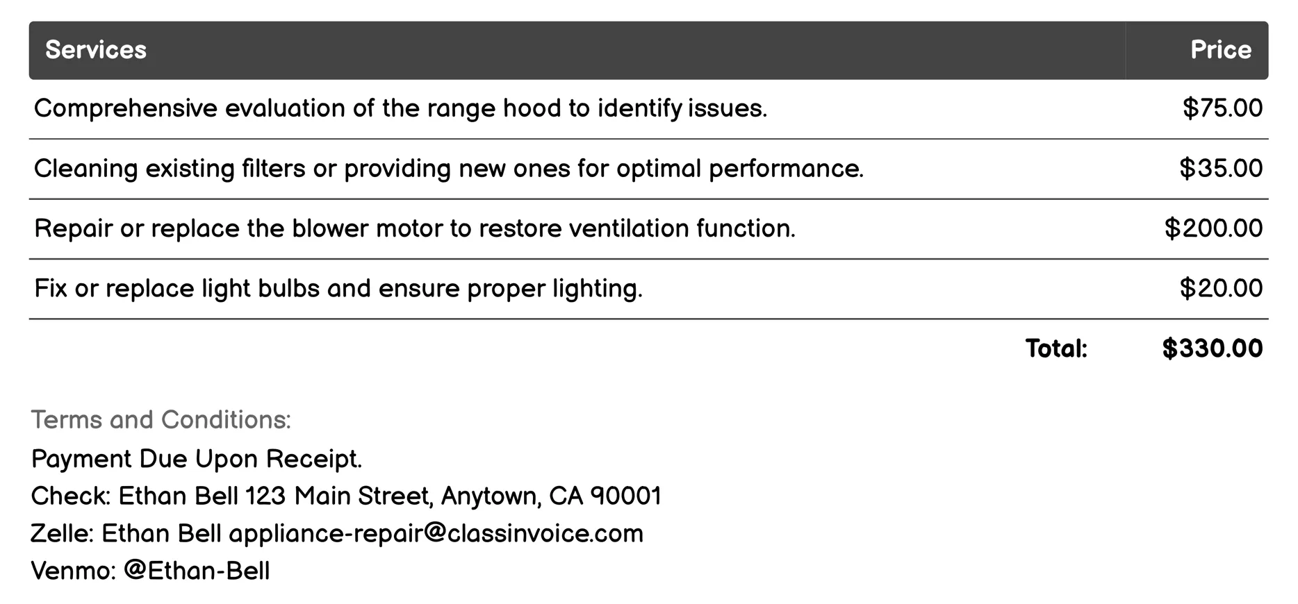 Range Hood Repair Invoice Example