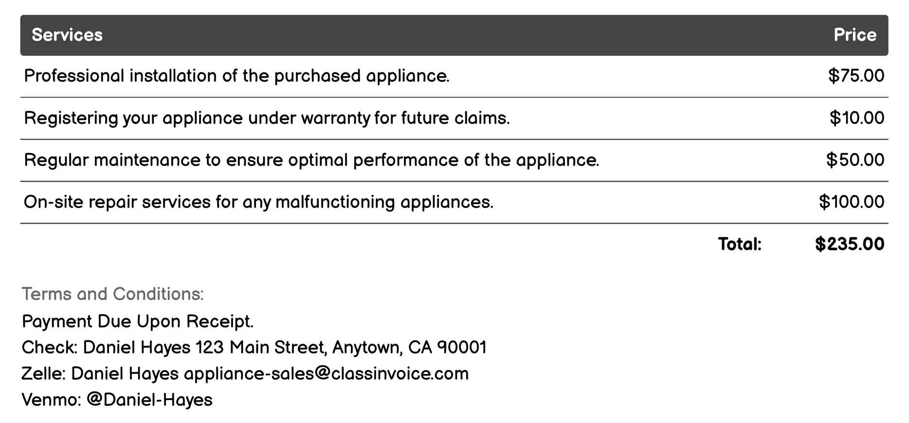 After-Sales Support Invoice Example