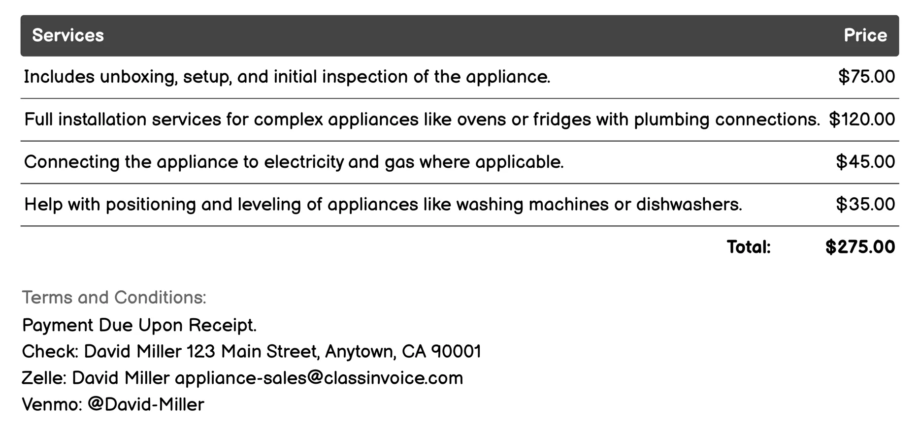 Home Appliance Delivery Invoice Example