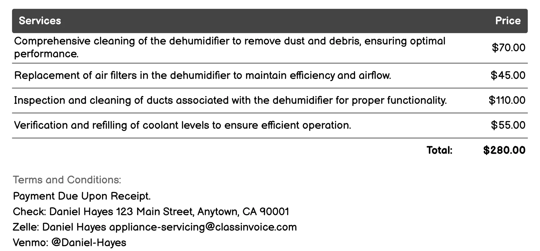 Dehumidifier Servicing Invoice Example