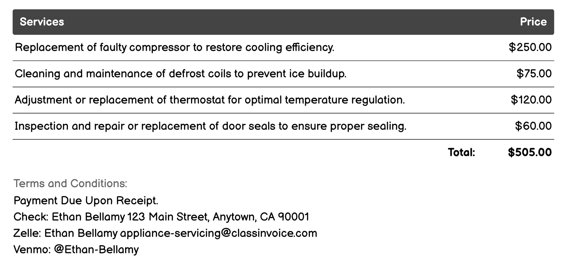 Refrigerator Repair Invoice Example