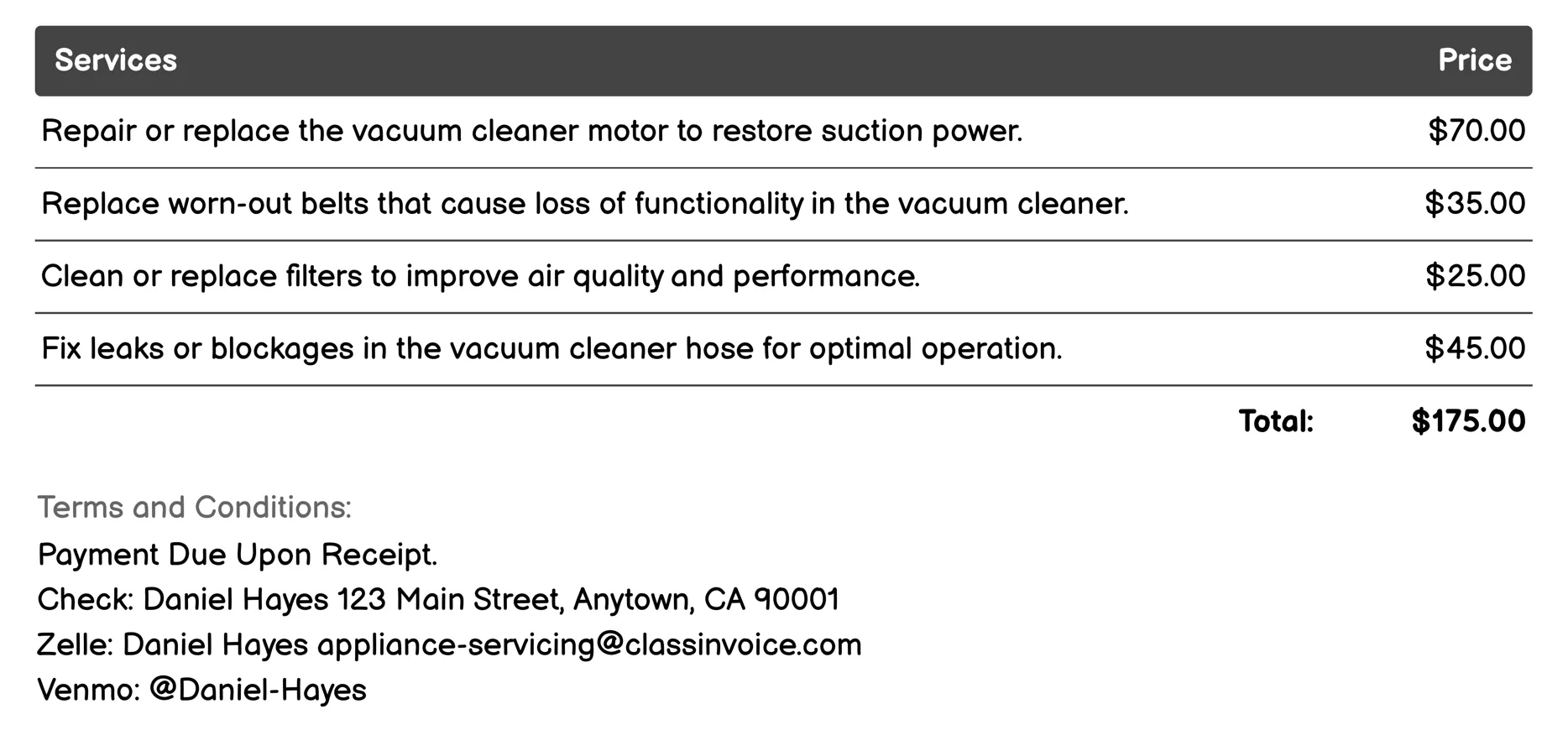 Vacuum Cleaner Repair Invoice Example