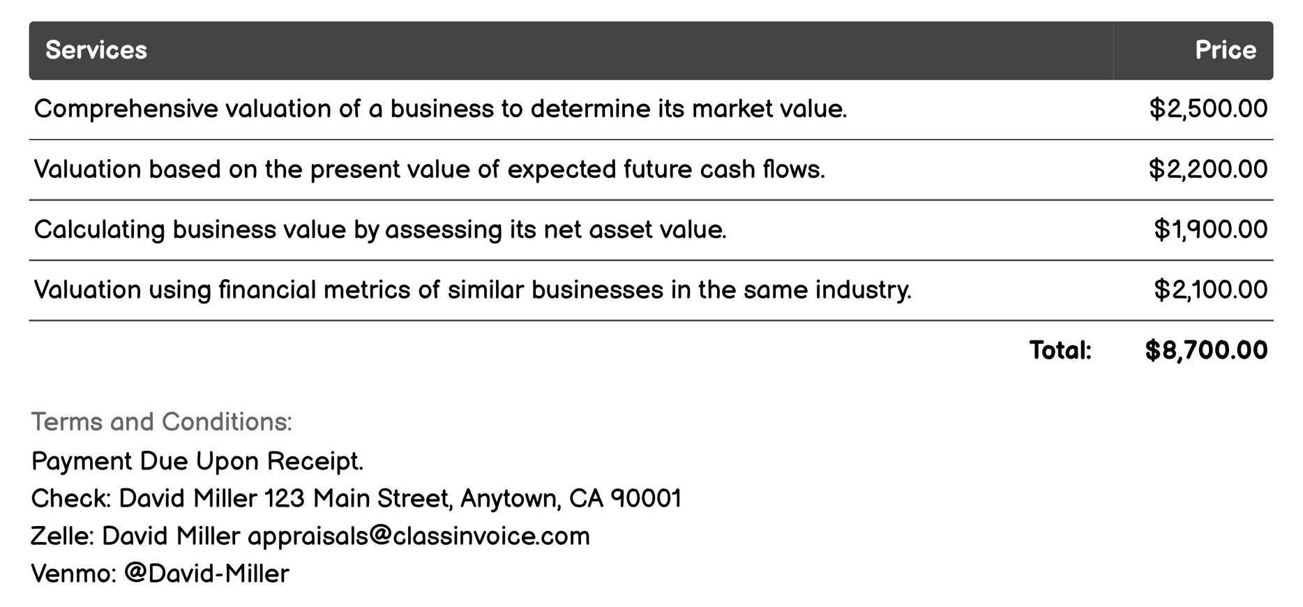 Business Valuation Invoice Example