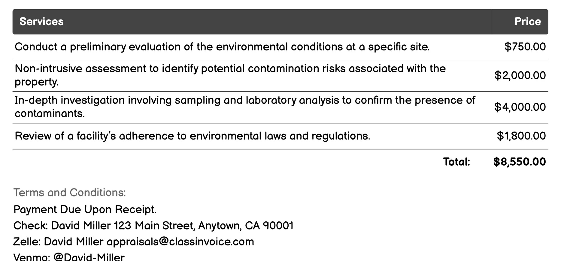 Environmental Appraisals Invoice Example