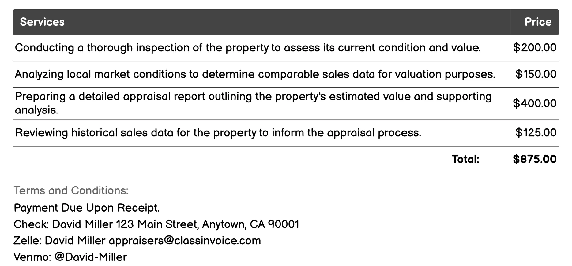 Bankruptcy Appraisal Invoice Example