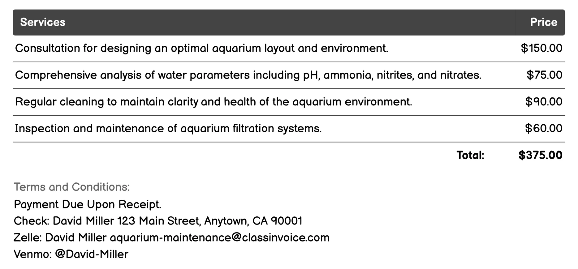 Aquarium Setup Consulting Invoice Example